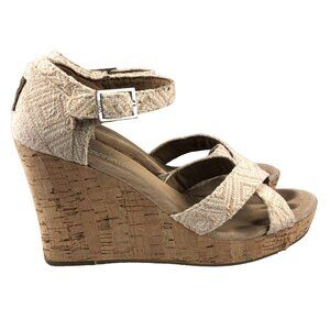 TOMS Womens 7.5 Sienna Tan Woven Diamond Pattern Cork High Heel Wedge Sandals